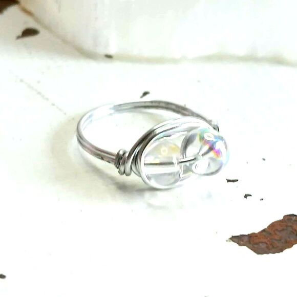 Holographic Glass Beaded Ring, Rainbow Wire Wrapped Ring, Size 7 - Picture 1 of 2
